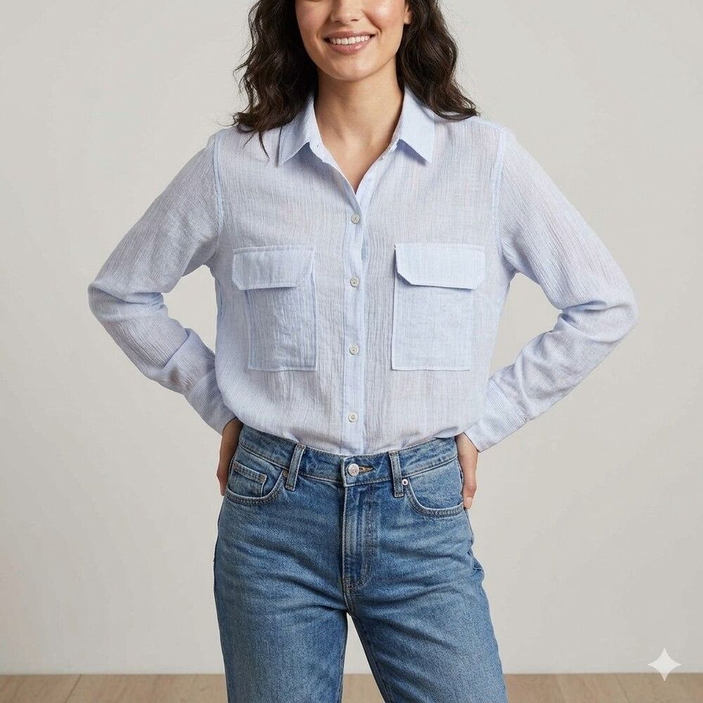 ZARA Women's Light Blue Textured Button Up Blouse Shirt Long Sleeve Pockets L